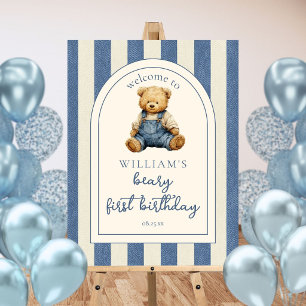 Blue Jean Teddy Bear 1st Birthday Welcome Sign