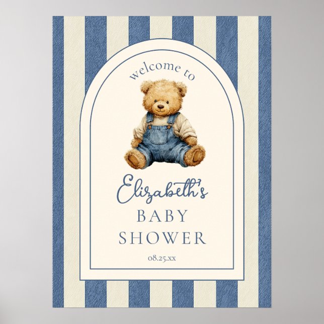 Blue Jean Teddy Bear Baby Shower Welcome Sign (Front)
