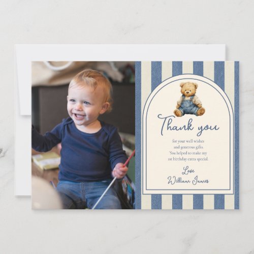 Blue Jean Teddy Bear Photo Birthday Thank You Card