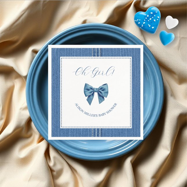 Blue jean with stitches and bow baby girl shower napkins (Creator Uploaded)