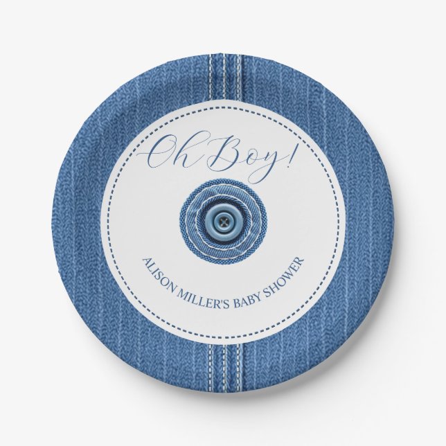 Blue jean with stitches and button baby boy shower paper plates (Front)