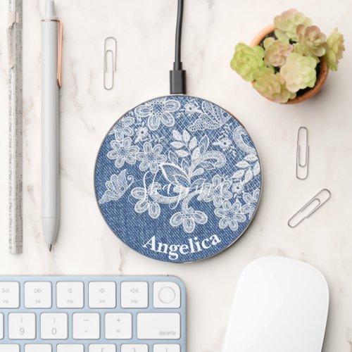 Blue Jeans and  Floral Lace Monogrammed    Wireless Charger