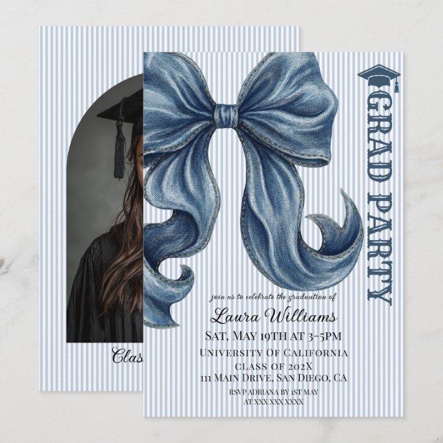 Blue Jeans Bow Striped Graduation Photo Invitation (Front/Back)