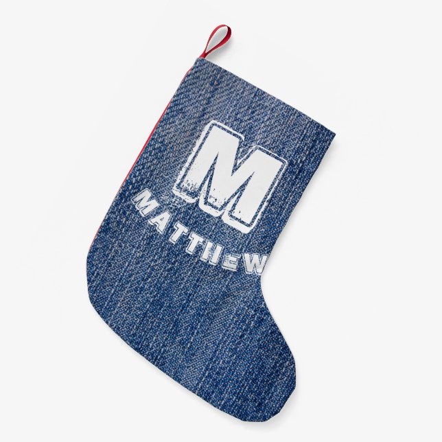 Blue Jeans Christmas Personalized Name Small Christmas Stocking (Front (Hanging))
