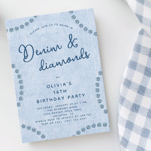 Blue Jeans Denim and Diamonds 16th Birthday Party Invitation