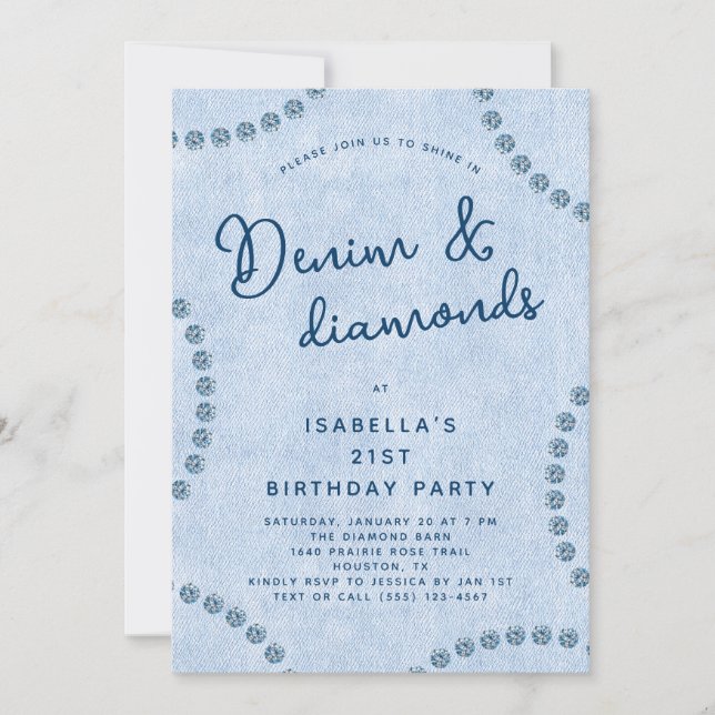 Blue Jeans Denim and Diamonds 21st Birthday Party Invitation (Front)