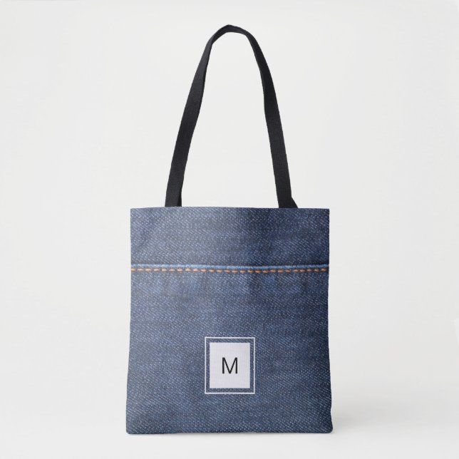 Blue jeans denim style personalized monogram tote bag (Front)