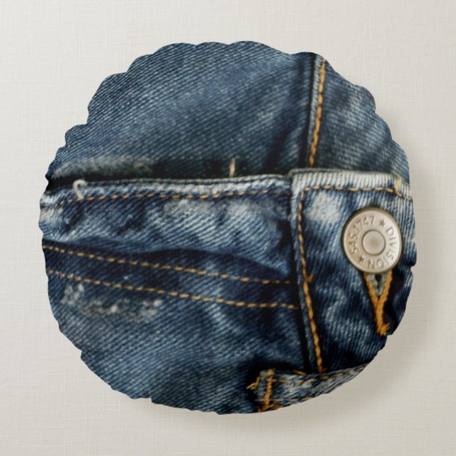 Blue Jeans Denim Zipper Faux Round Pillow (Front)