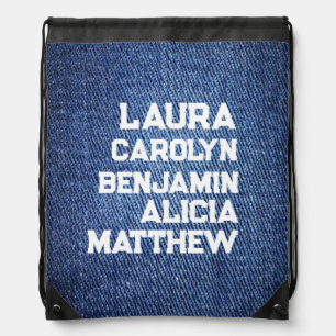 Blue jeans Grandchildren's names simple modern Drawstring Bag