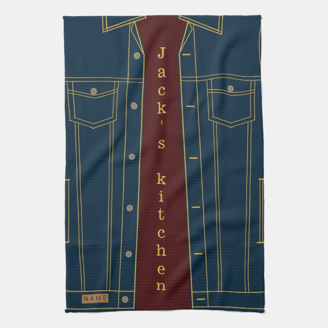 Blue Jeans Jacket Kitchen Towel - Your Text / Name (Vertical)