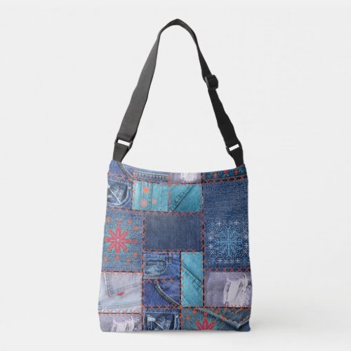 Blue Jeans Patchwork With Floral Detail Crossbody Bag