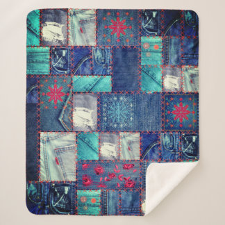 Blue Jeans Patchwork With Floral Detail Sherpa Blanket