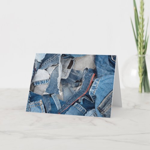Blue jeans recycle denim worn ripped seams card
