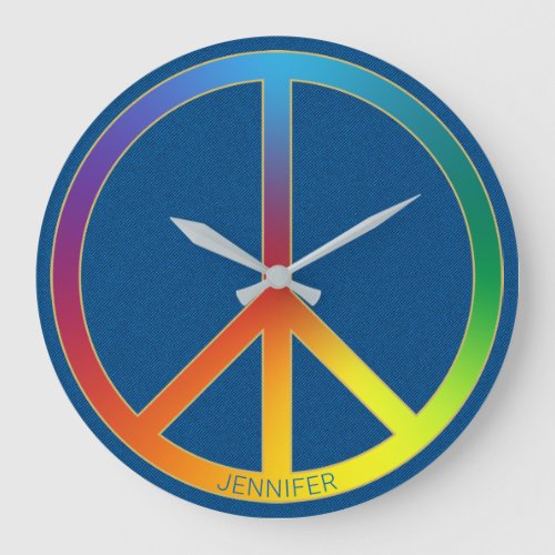 Blue Jeans Texture Rainbow Peace Name Personalized Large Clock