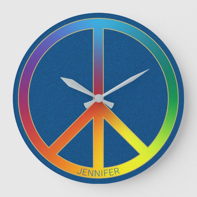 Blue Jeans Texture Rainbow Peace Name Personalized Large Clock (Front)