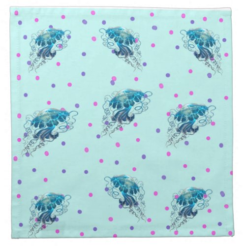 Blue Jelly Fish in Polka Dot Background Cloth Napkin