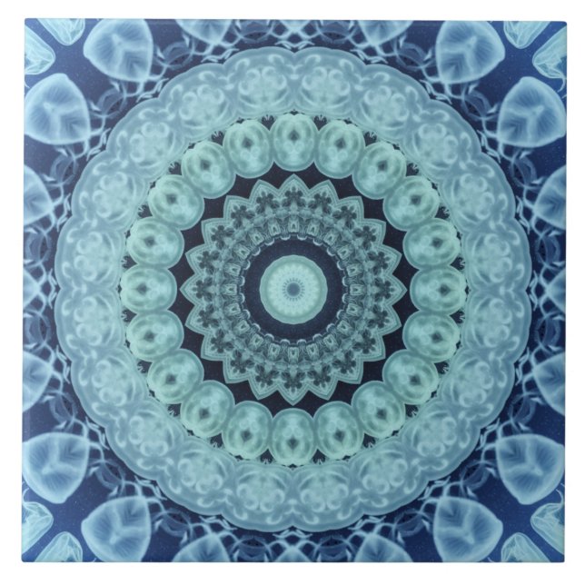 Blue Jellyfish Mandala Ocean-Inspired Symmetry Ceramic Tile (Front)