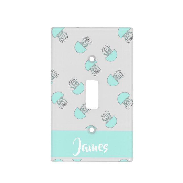 Blue jellyfish on gray light switch cover (Front)