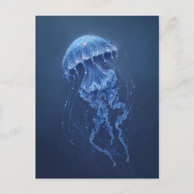 Blue Jellyfish with Orange Glow in Deep Sea Postcard (Front)