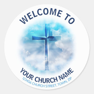 Blue Jesus Cross Church Welcome Classic Round Sticker