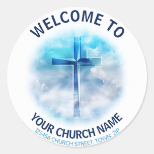 Blue Jesus Cross Church Welcome Classic Round Sticker