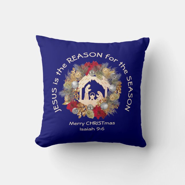 Blue JESUS IS THE REASON Christian Throw Pillow (Front)