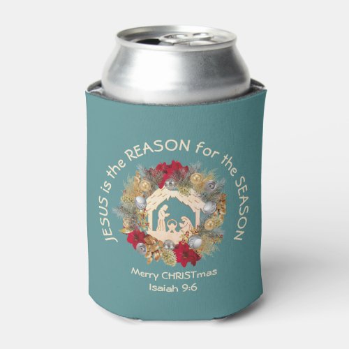 Blue JESUS IS THE REASON Christmas Can Cooler