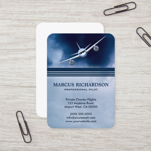 Blue Jet Plane Flying in the Sky Charter Pilot Business Card (Front/Back In Situ)