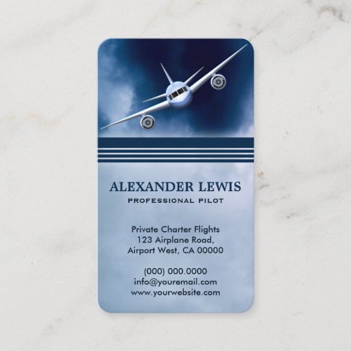 Customizable Blue Jet Plane in Sky Charter Pilot Business Cards