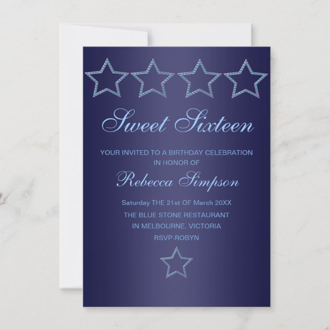 Blue Jewel Star Sweet 16 Birthday Invite (Front)