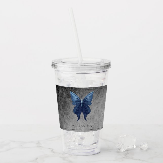Blue Jeweled Butterfly Acrylic Tumbler (Front Ice)