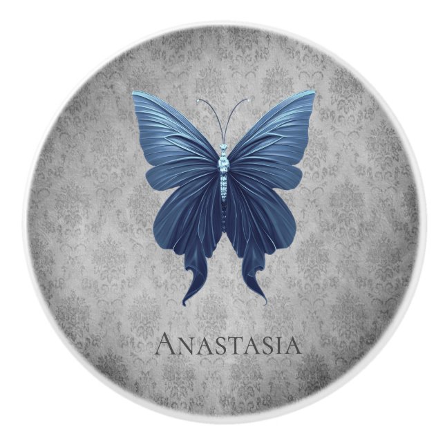Blue Jeweled Butterfly Ceramic Knob (Front)