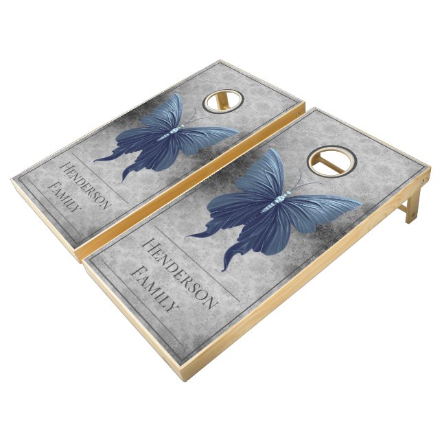 Blue Jeweled Butterfly Damask Cornhole Set (Angled)