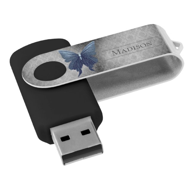 Blue Jeweled Butterfly Damask Flash Drive (Angled)
