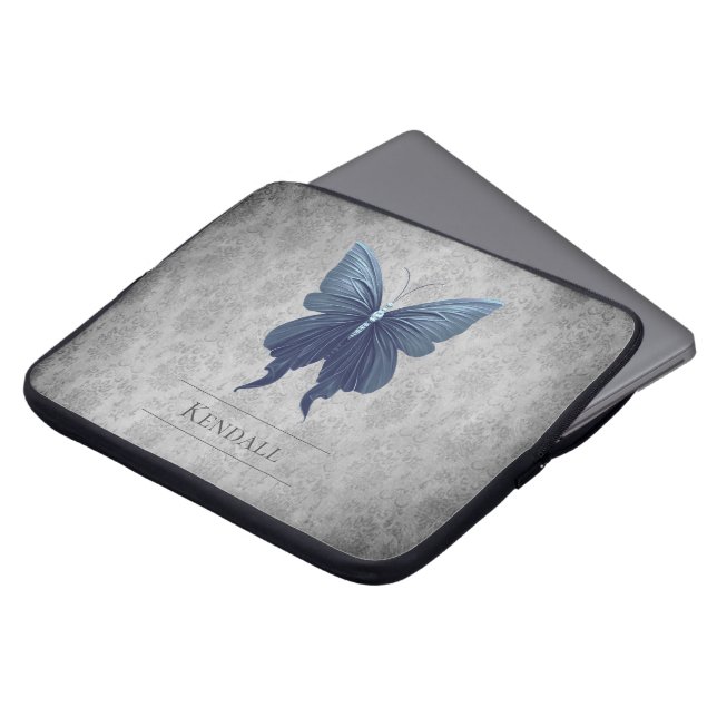 Blue Jeweled Butterfly Damask Laptop Sleeve (Front Top)