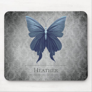 Blue Jeweled Butterfly Damask Mouse Pad