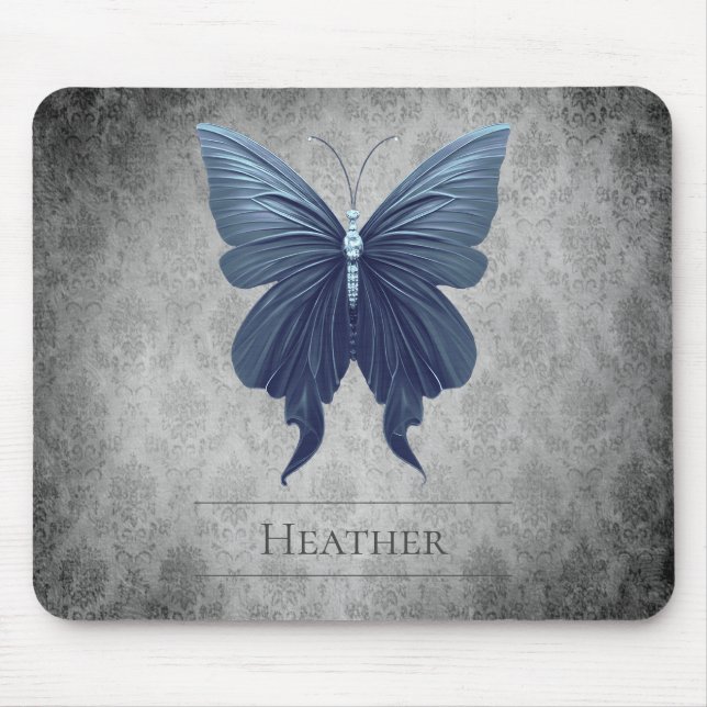Blue Jeweled Butterfly Damask Mouse Pad (Front)