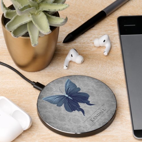 Blue Jeweled Butterfly Damask Wireless Charger