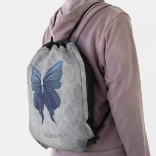 Blue Jeweled Butterfly Drawstring Bag