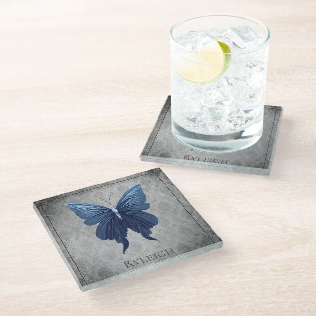 Blue Jeweled Butterfly Glass Coaster (Angled)