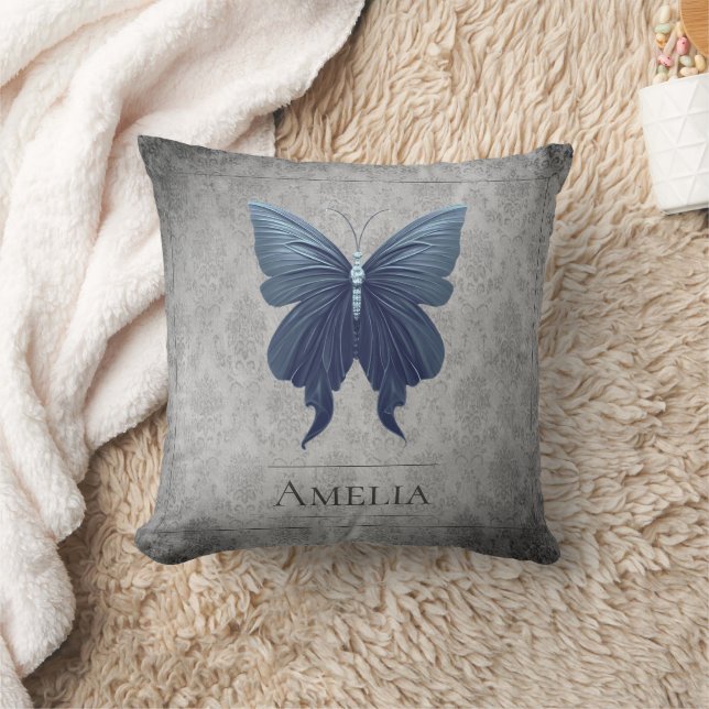 Blue Jeweled Butterfly Throw Pillow (Blanket)