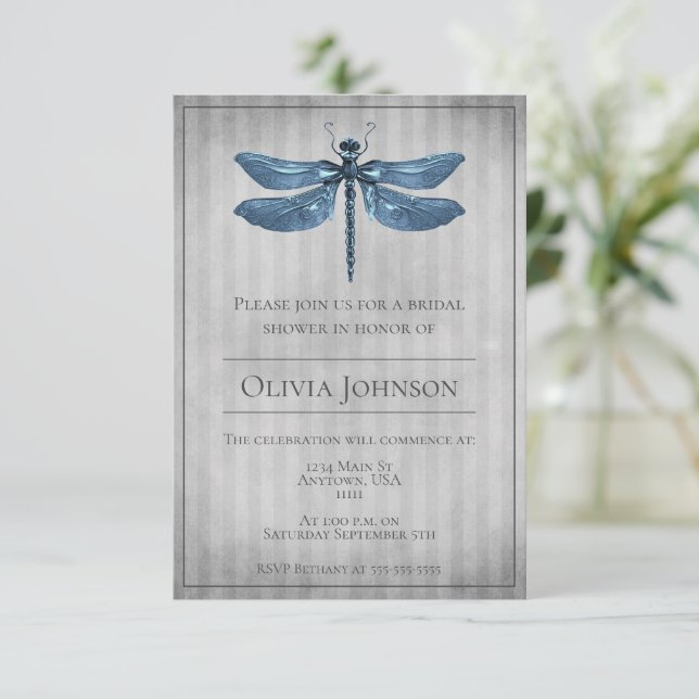 Blue Jeweled Dragonfly Bridal Shower Invitation (Standing Front)