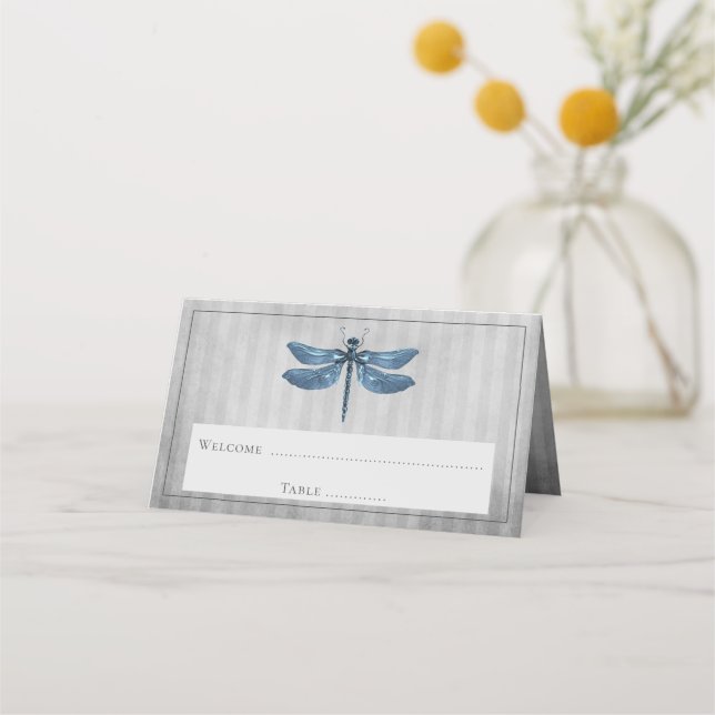 Blue Jeweled Dragonfly Reception Place Card (Front)
