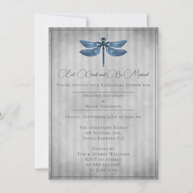 Blue Jeweled Dragonfly Rehearsal Dinner Invitation (Front)