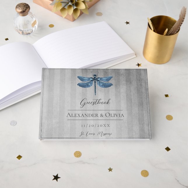 Blue Jeweled Dragonfly Wedding Guest Book (Front Open)