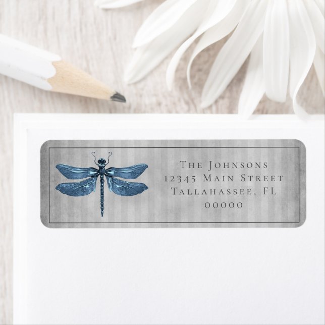 Blue Jeweled Dragonfly Wedding Label (Insitu)