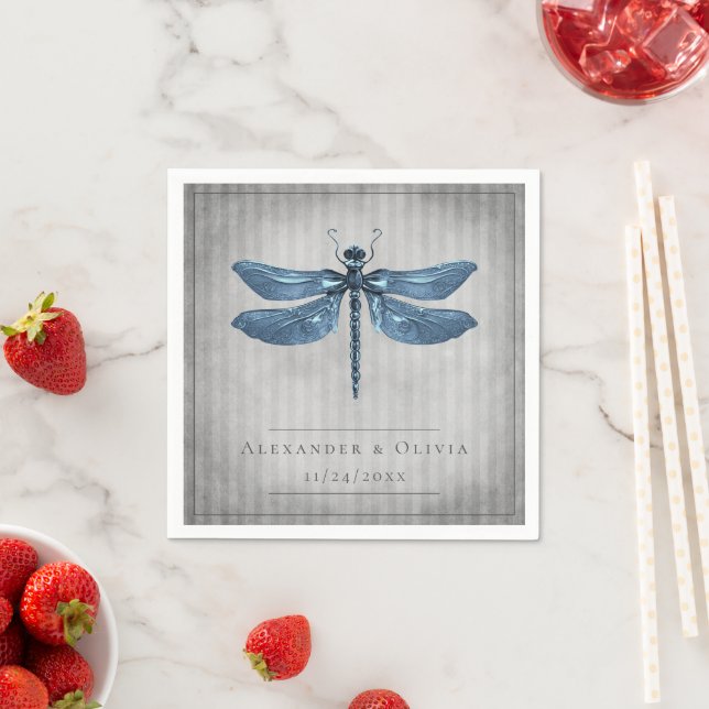 Blue Jeweled Dragonfly Wedding Napkins (Insitu)