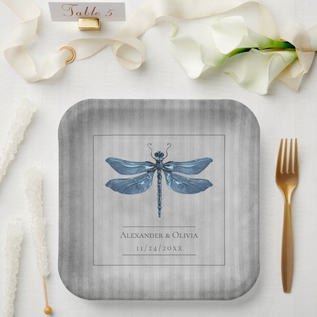 Blue Jeweled Dragonfly Wedding Paper Plates (Wedding)