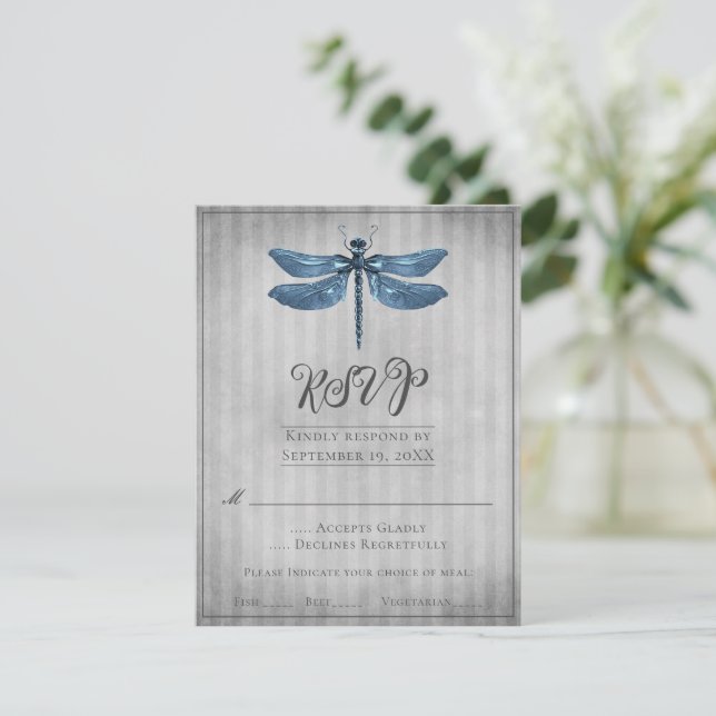 Blue Jeweled Dragonfly Wedding RSVP Card (Standing Front)