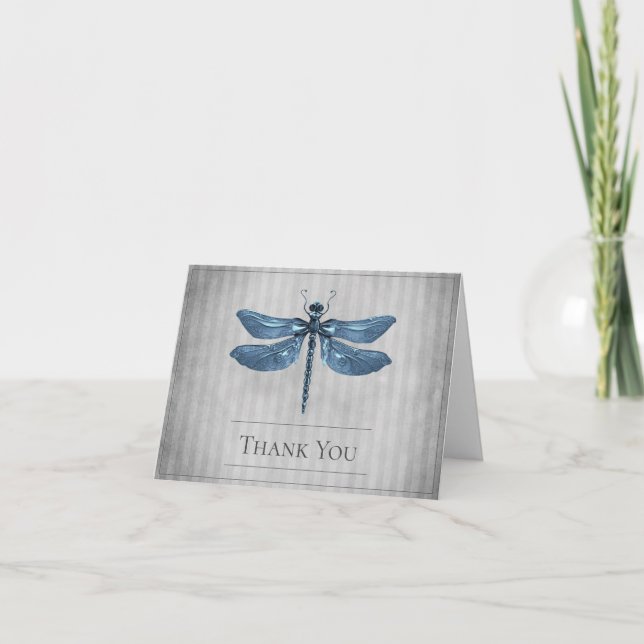 Blue Jeweled Dragonfly Wedding Thank You Card (Front)